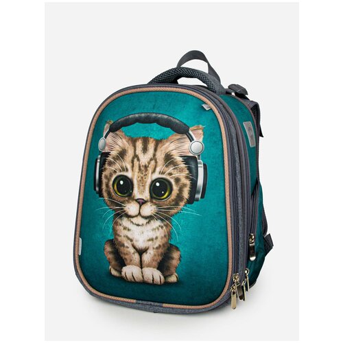 фото Рюкзак школьный каркасный котик в наушниках runchick