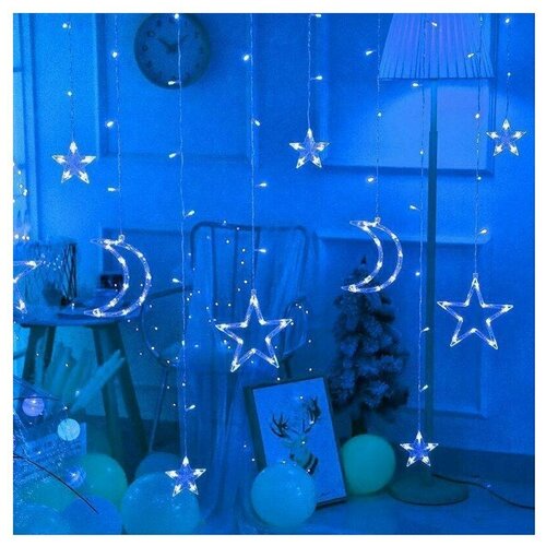 фото Новогодняя светодиодная гирлянда штора месяц и звезда c контроллером 3 х 1 м, синий (3+3+6) baziator