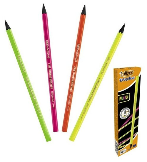 Карандаш чернографитный HB, BIC Evolution Fluo, неоновые цвета корпуса, микс