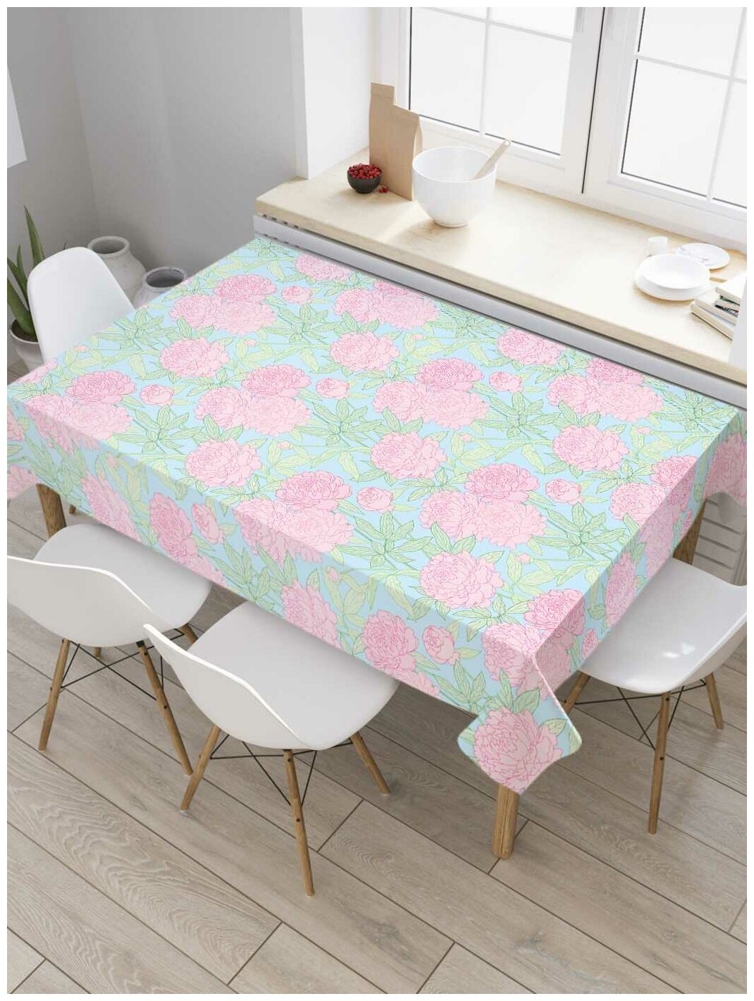 Прямоугольная водоотталкивающая скатерть на стол JoyArty с рисунком "Розовая поляна" 120 на 145 см