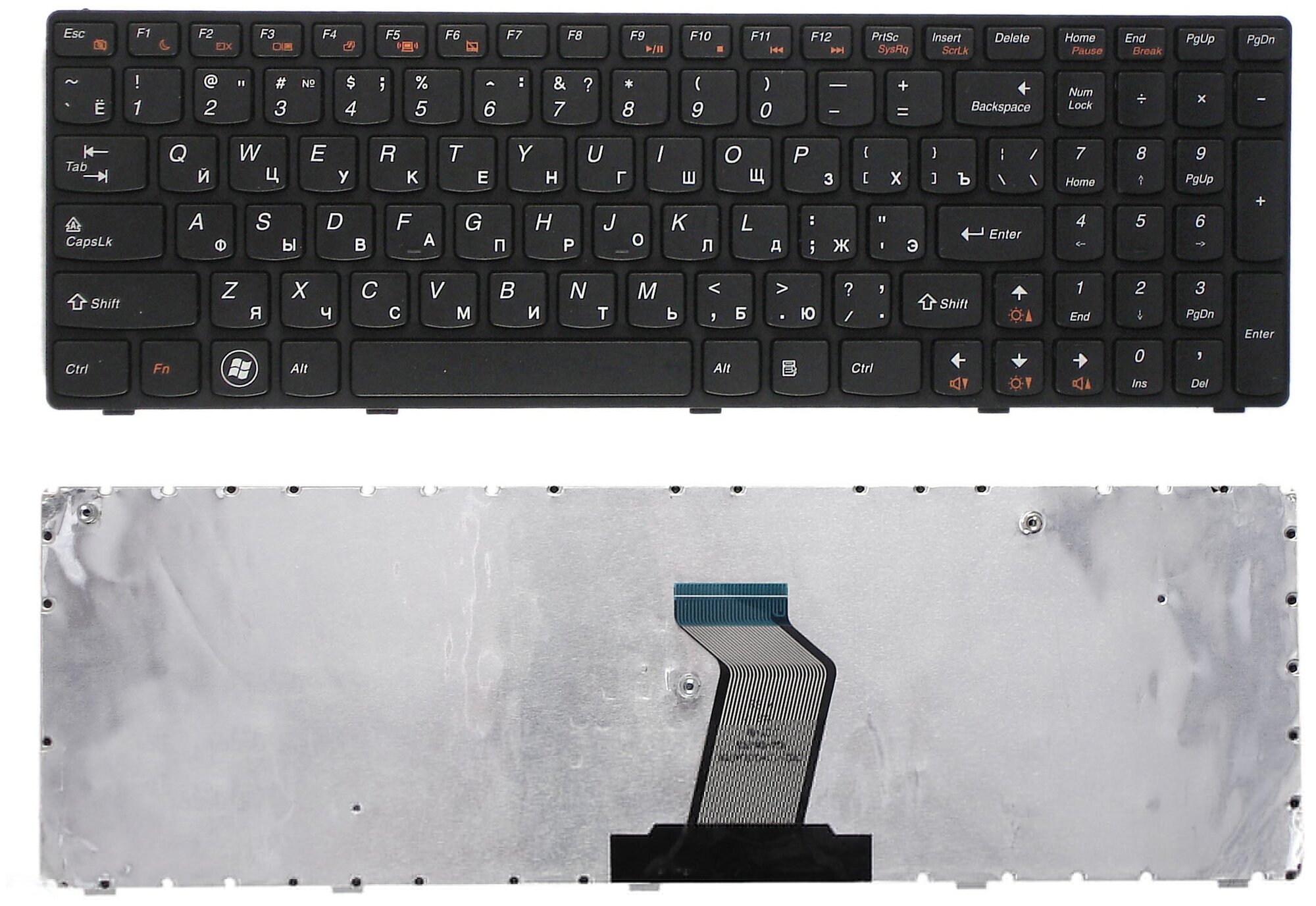Клавиатура для ноутбука Lenovo G570-RU черная с черной рамкой ножка крепежа находится рядом со шлейфом 1050₽