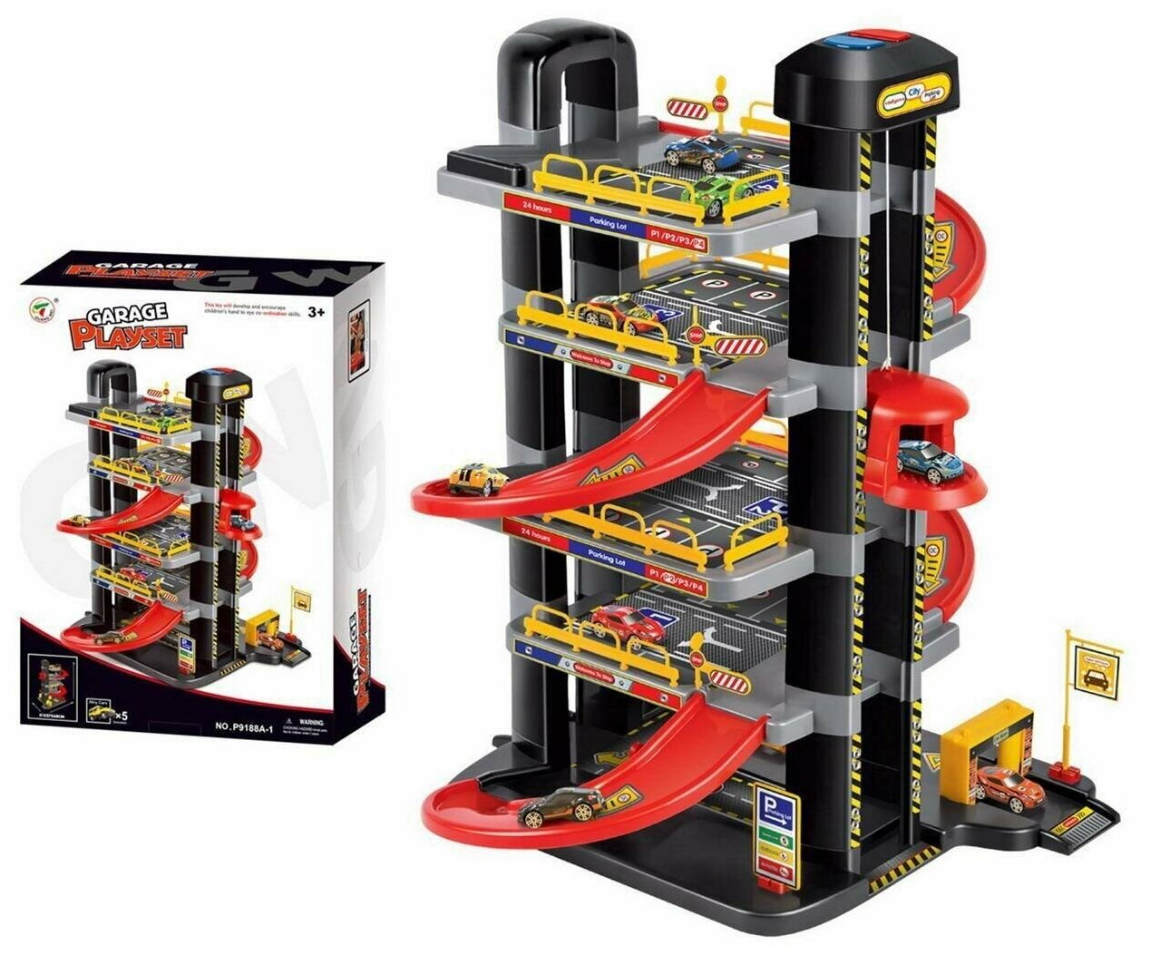 Парковка 5-ти уровневая с автоматическим подъемником, в наборе с машинками и аксессуарами, не менее 49 элементов, в коробке