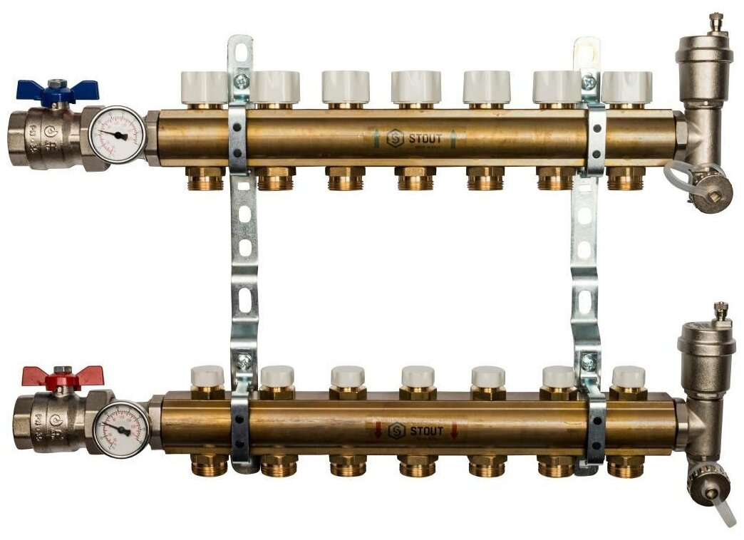 Коллектор Stout распределительный в сборе из латуни без расходомеров 7 вых.