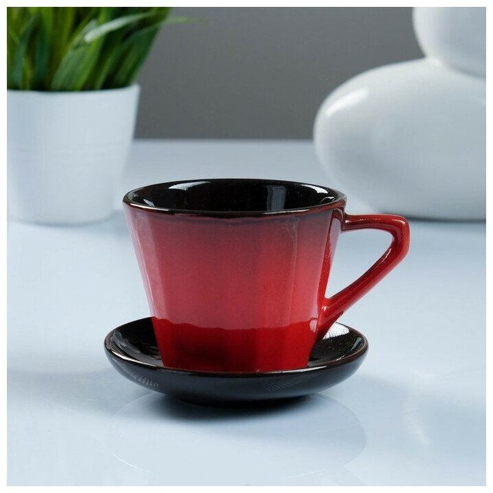 Кружка "Ностальгия", с блюдцем, чайная пара, 0,2 л, керамика, цвет красный