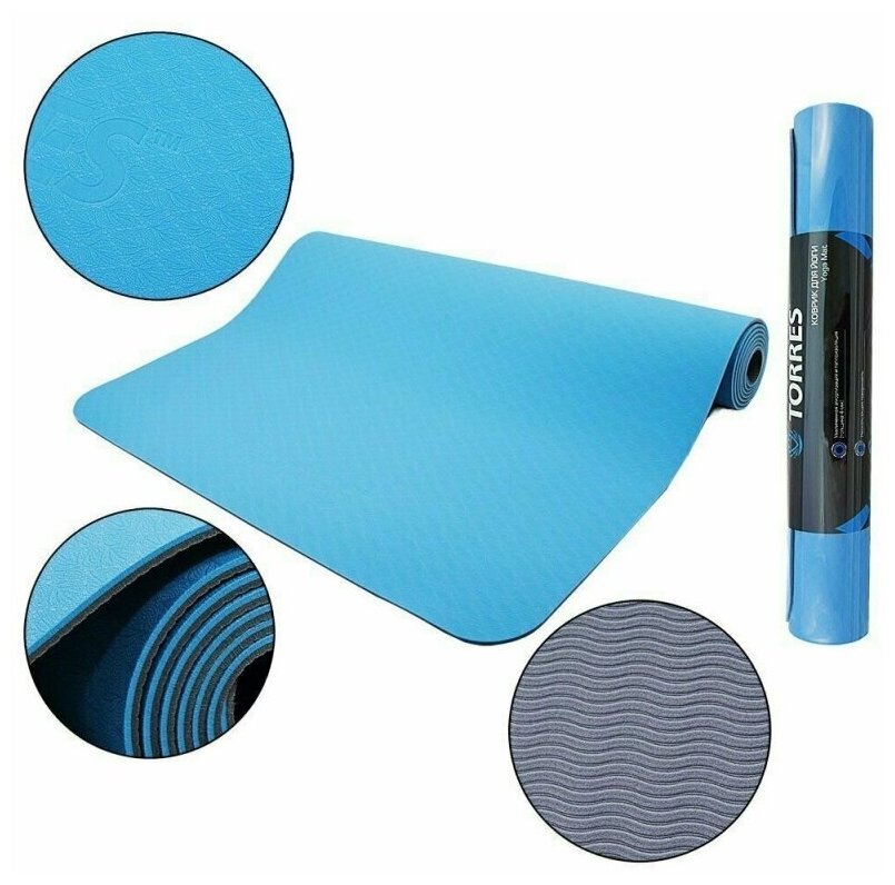 Коврик для йоги TORRES Comfort 4, YL10064, TPE 4 мм, нескользящее покрытие, синий-серый