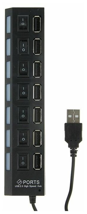 USB-разветвитель LuazON, 7 портов с выключателями, USB 2.0, черный