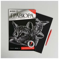 Гравюра "Котенок" с металлическим эффектом А4 - серебро + штихель 2147948