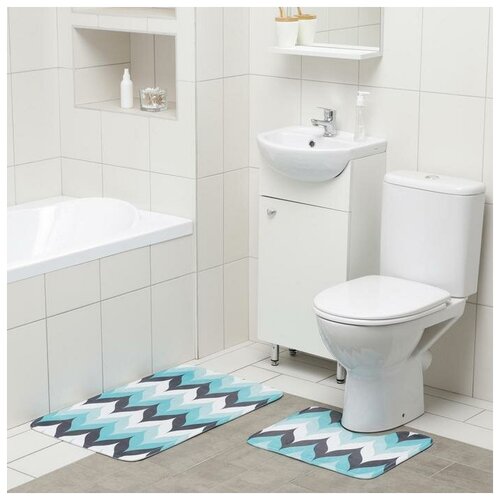 фото Доляна набор ковриков для ванны и туалета доляна «волна», 2 шт: 50×80, 40×50 см, цвет голубой