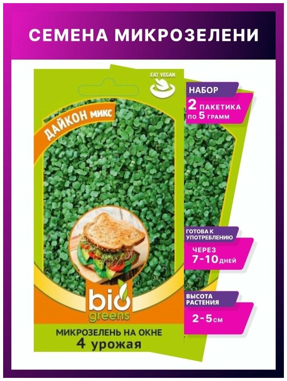 Микрозелень Дайкон микс 5 г серия bio greens Н19 /Микрозелень семена / Гавриш / семена микрозелени / семена микрозелени набор 2 уп