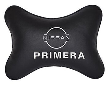 Автомобильная подушка на подголовник экокожа Black с логотипом автомобиля NISSAN PRIMERA