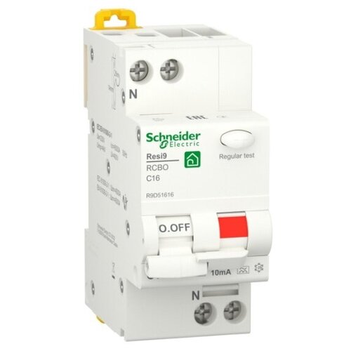 Дифференциальный автомат Systeme Electric (schneider Electric) SCHNEIDER ELECTRIC RESI9 1P+N С 16А 6000A 10мА тип A, R9D51616 дифференциальный автомат schneider electric resi9 1p n с 32а 6000а 30ма тип ac r9d25632