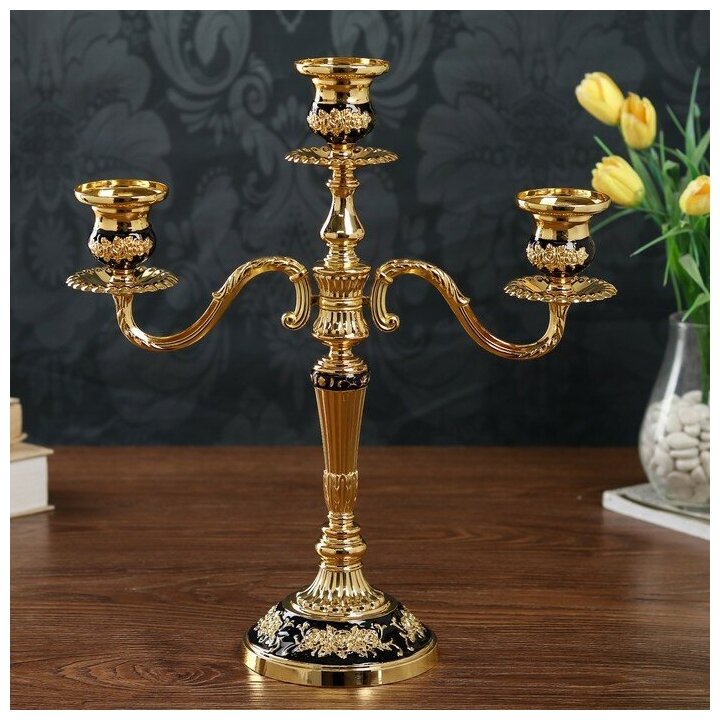 Подсвечник металл на 3 свечи "Розарий" золото, чёрная эмаль 35,5х32х12 см - фотография № 1