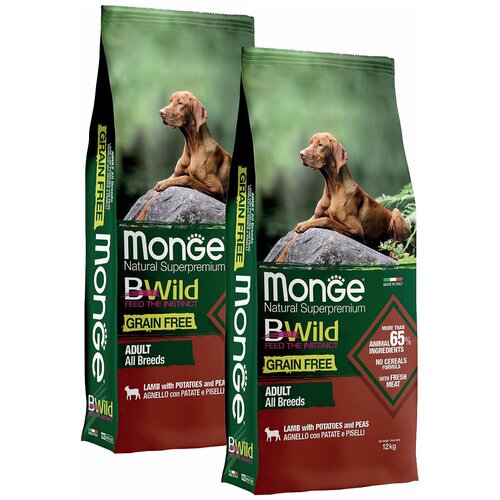 MONGE BWILD GRAIN FREE DOG ADULT ALL BREEDS LAMB беззерновой для взрослых собак всех пород с ягненком, горохом и картофелем (12 + 12 кг) monge speciality dog lamb для взрослых собак всех пород с ягненком рисом и картофелем 12 12 кг