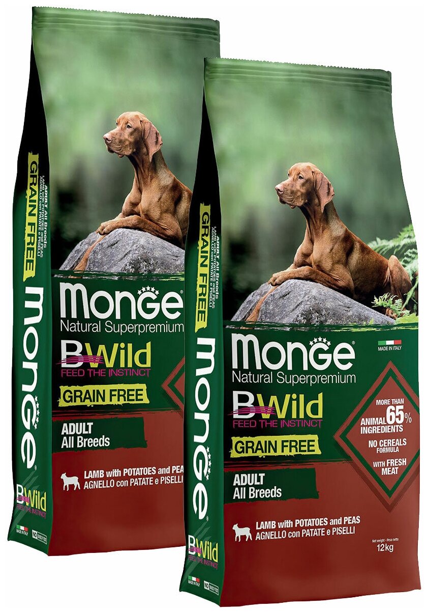 MONGE BWILD GRAIN FREE DOG ADULT ALL BREEDS LAMB беззерновой для взрослых собак всех пород с ягненком, горохом и картофелем (12 + 12 кг)