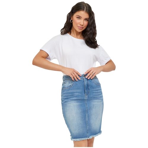 Юбка джинсовая карандаш, миди, прямая, обтягивающая, ниже колена, женская одежда больших размеров, средняя посадка, больших размеров, цвет-светло-синий