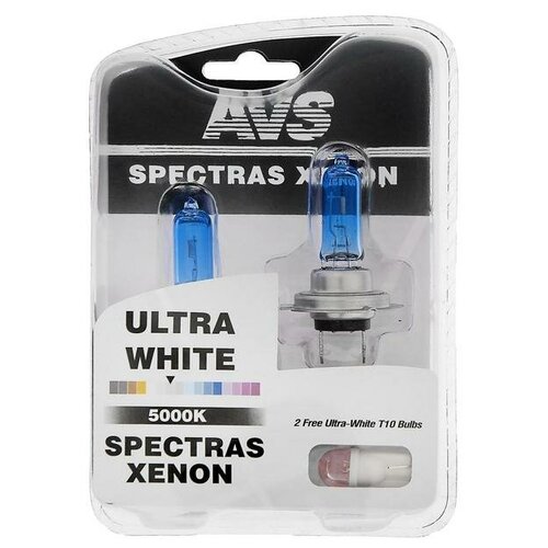 Лампа автомобильная AVS SPECTRAS Xenon 5000K, H7, 12 В, 75 Вт, + T10, набор 2 шт