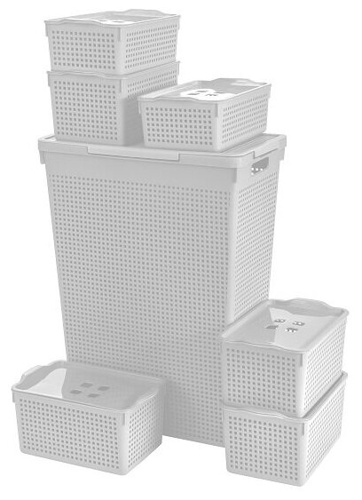 Набор из 7 предметов Лофт: Корзина для белья 50л / 4 контейнера 5,3л / 2 контейнера 3,8л, цвет белый