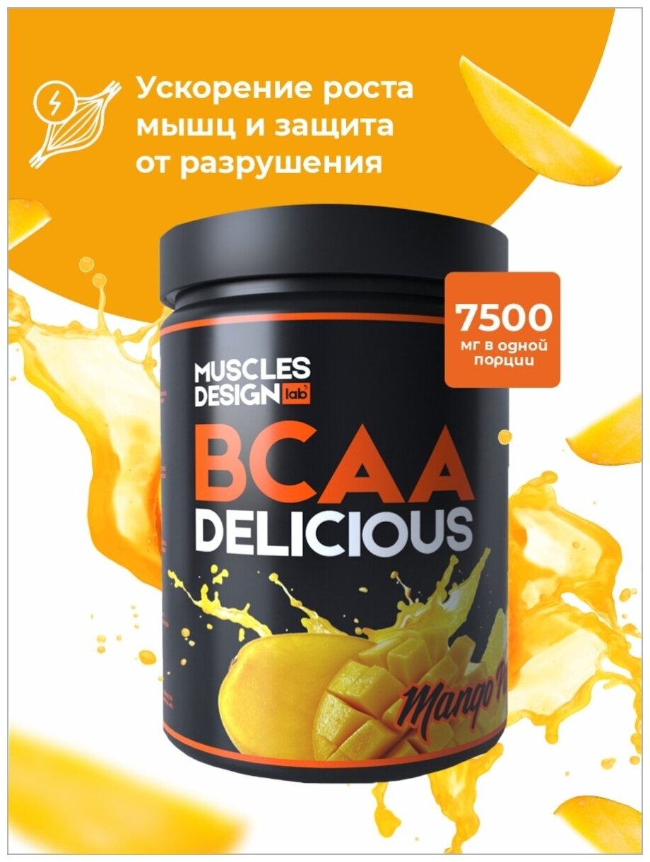 Muscles Design Lab / Аминокислоты BCAA Delicious - Mango Paradise / Сочный манго / BCAA 2:1:1 / БЦАА порошок / 200гр