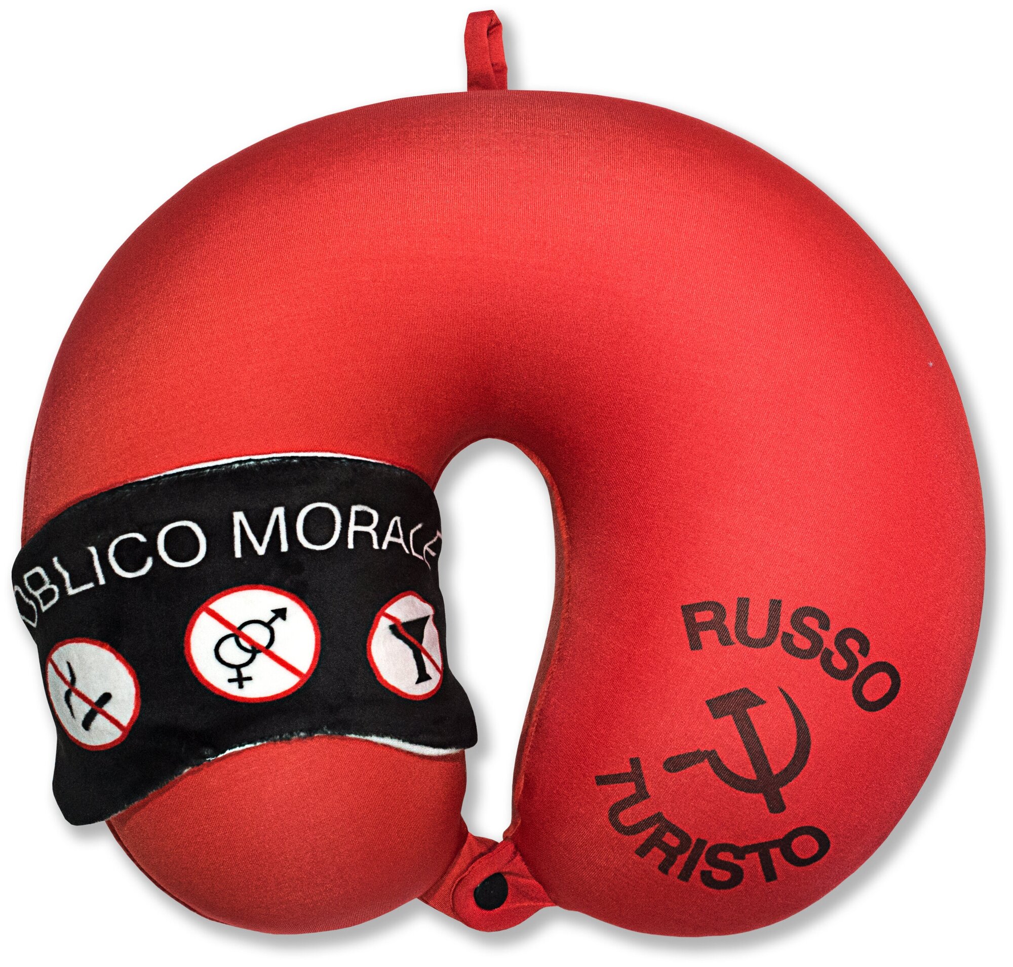 Подушка для шеи антистресс с маской Штучки, к которым тянутся ручки Облико Морале, красная с черной маской - фотография № 3