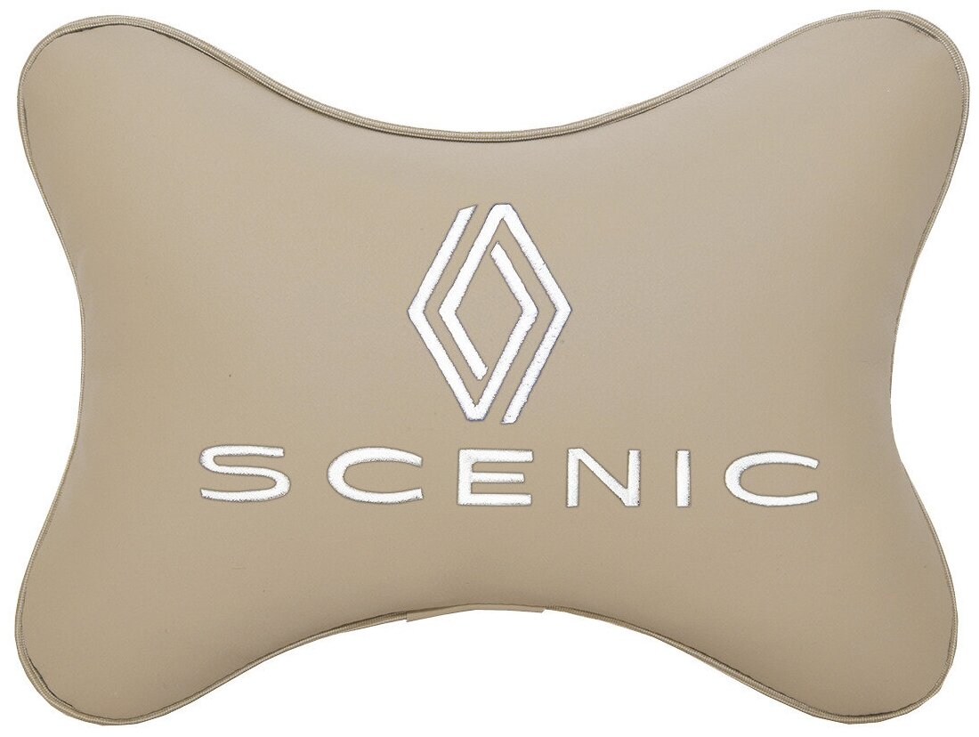 Автомобильная подушка на подголовник экокожа Beige с логотипом автомобиля RENAULT Scenic