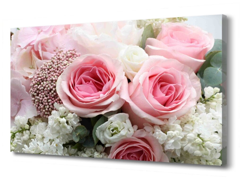 Картина на холсте "Цветы. Букет из роз и белой сирени" PRC-51 (45x30см). Натуральный холст