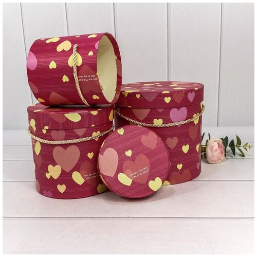 фото Набор коробок цилиндр, сердечки, малиновый, 18*18*17 см, 3 шт. дон баллон