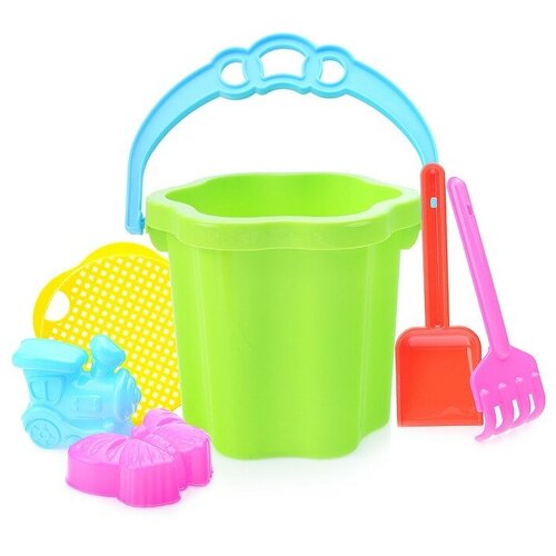 фото Песочный набор № 105 (ведро-цветок 0,7 л, сито, грабли 20см, совок 21 см, 2 формочки) stellar