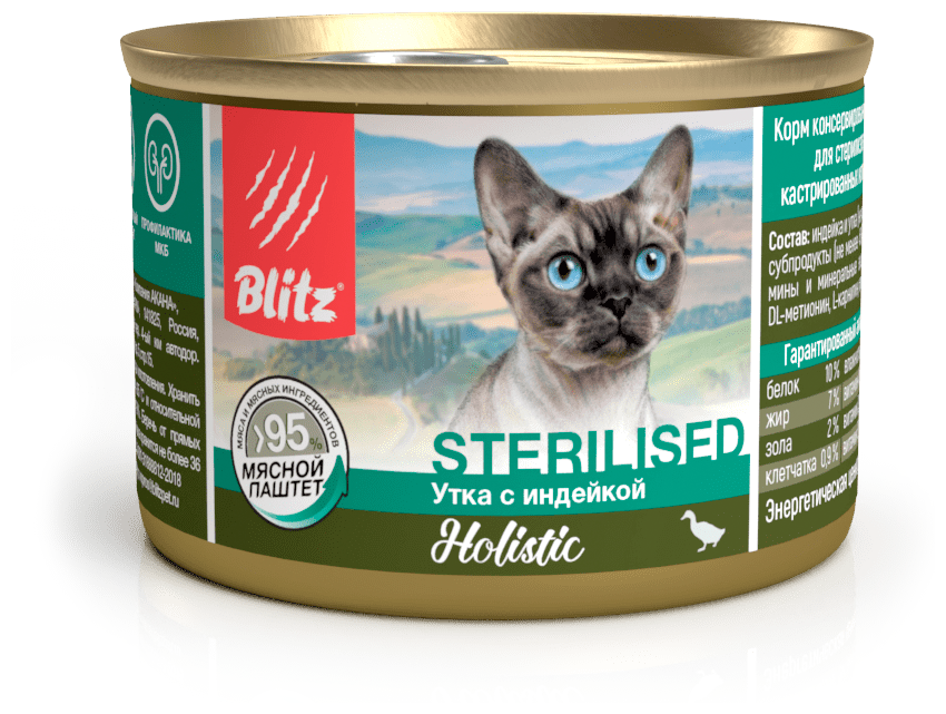 Консервы для кошек Blitz Holistic Sterilised Утка с индейкой, паштет 200 г х 6 шт.