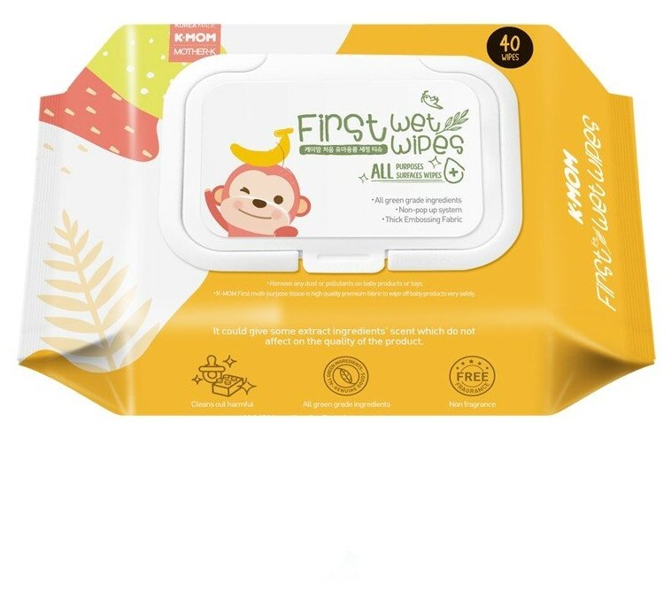 Салфетки влажные антибактериальные для детских принадлежностей K-MOM First Wet Wipes 40 листов 0+