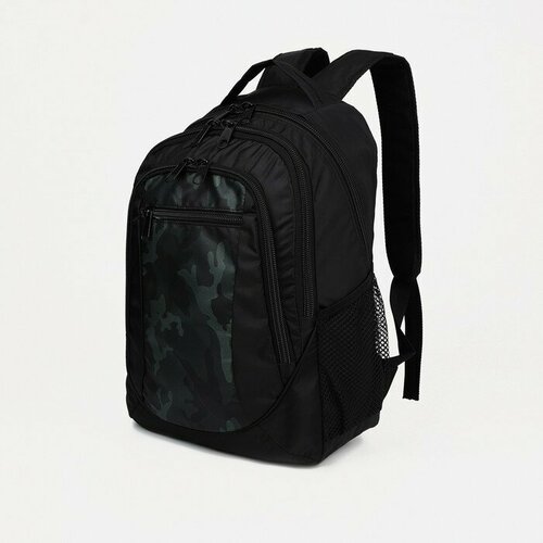 Рюкзак школьный со светоотражающими элементами, 2 отдела на молниях, 4 наружных кармана, цвет чёрный/зелёный рюкзак 43см со светоотражающими элементами серый п упаковка 16011