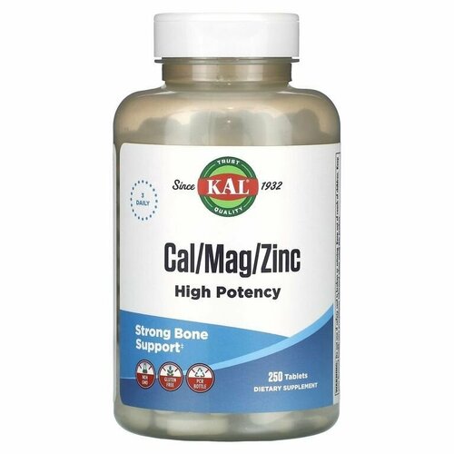Кальций Магний Цинк, KAL, Cal Mag Zinc 250 таблеток / Комплекс минералов для иммунитета, кожи, сердца, костей, суставов / Для взрослых мужчин и женщин