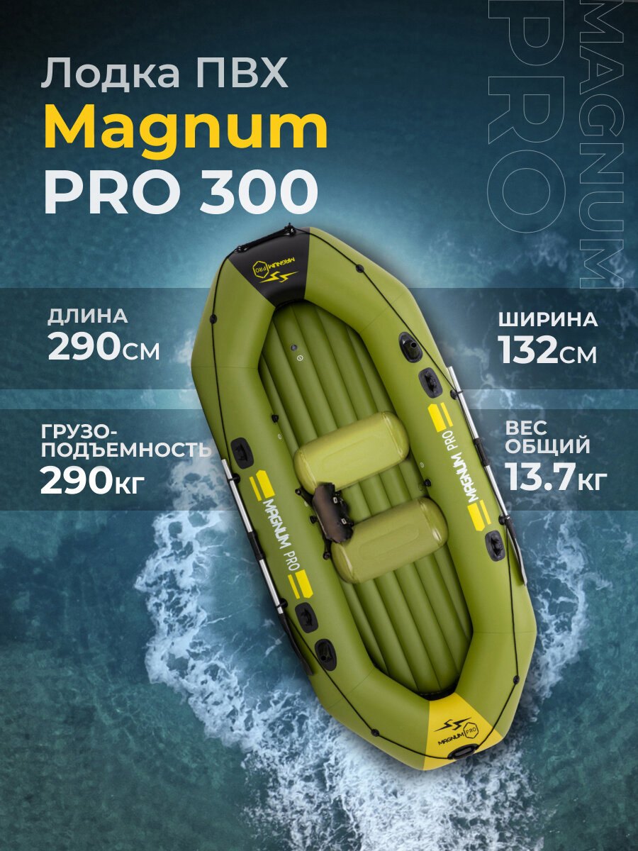 Лодка ПВХ под мотор надувная двухместная гребная для рыбалки Magnum PRO 300 зеленая грузоподьемность 290 кг