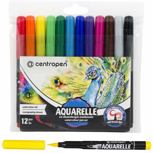 Фломастеры Centropen Aquarelle, кисточковые, акварельные, 12 цв.