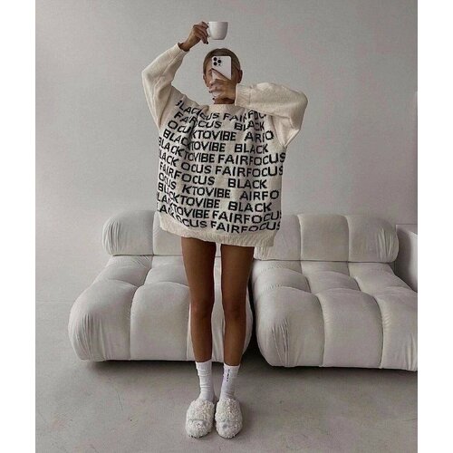 Свитер, длинный рукав, оверсайз, размер 42/48, белый, бежевый