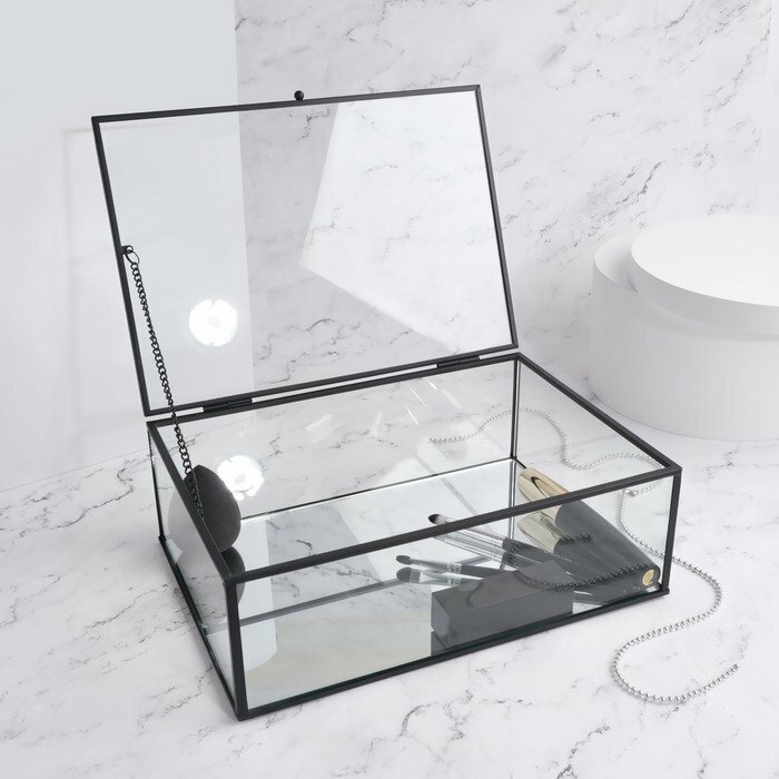 Органайзер для хранения, 1 секция, с крышкой, стеклянный, с зеркальным основанием, 25 × 17,5 см, цвет прозрачный/чёрный
