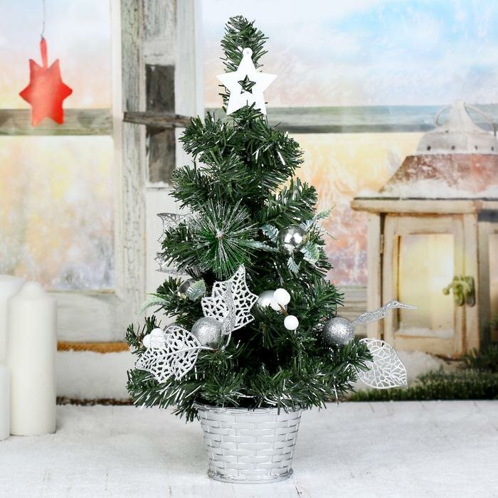 Декоративная елка Зимнее волшебство 40х22 см цветы, шарики серебро (4196440)