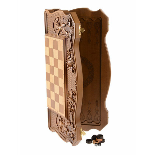 WoodGames Нарды Львы с шашками и шахматами из массива бука (59 x 30 x 6 см, объемный рисунок)