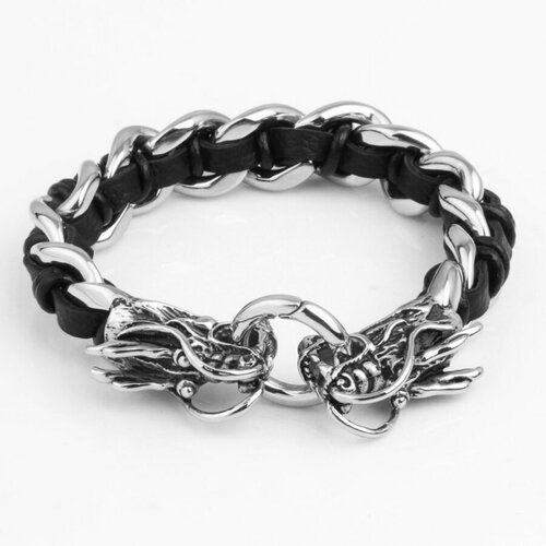 Плетеный браслет Стальной браслет в форме дракона с плетеной кожаной вставкой, 1 шт., размер 22 см, размер one size, серебряный, черный