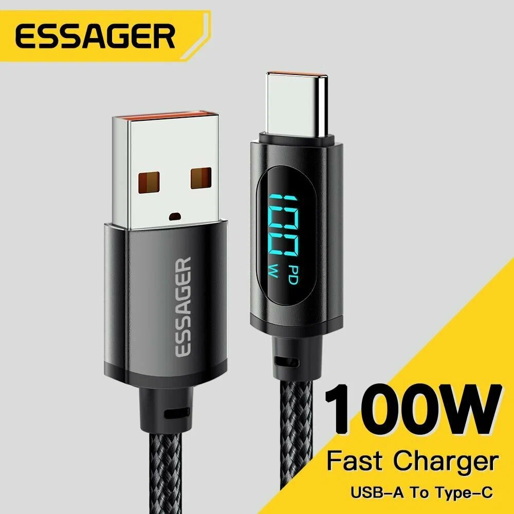 Кабель для быстрой зарядки Essager с индикатором тока (E-mark) USB-Type-C макс 100 Вт 7 А 480 Мбит/с 2 метра (Черный)