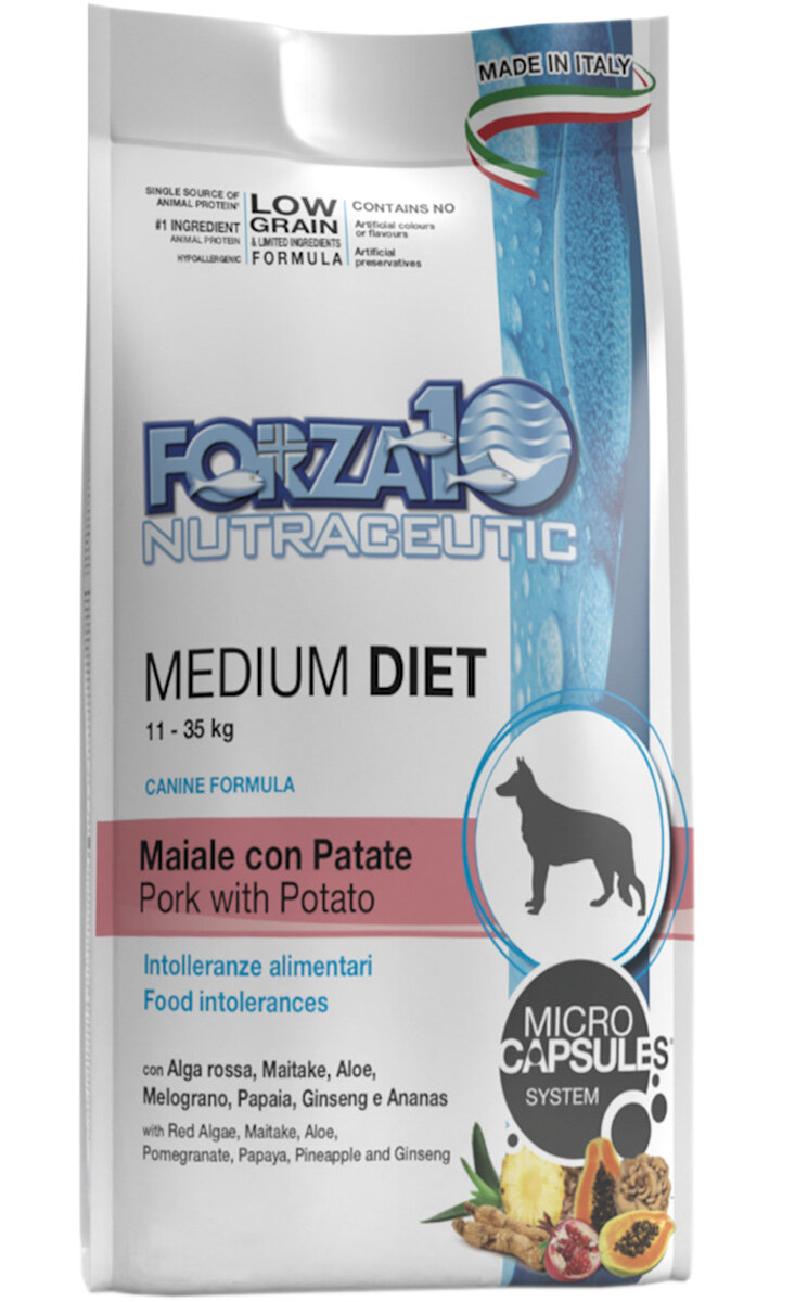 FORZA10 DOG MEDIUM DIET LOW GRAIN низкозерновой для взрослых собак средних пород при аллергии со свининой и картофелем (12 кг)