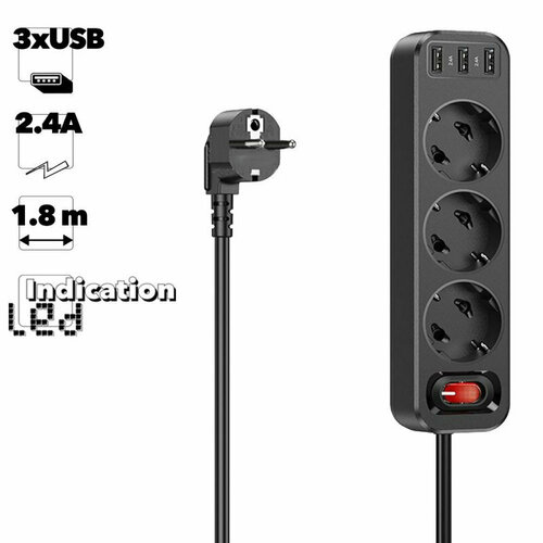 Сетевой фильтр на 3 розетки HOCO NS2 3xUSB 2.4А 1.8м (черный) сзу redline nqc 13 usb a usb c 3a дата кабель type c type c pd white