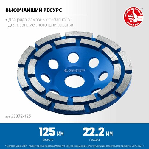 ЗУБР d 125 мм, двухрядная алмазная шлифовальная чашка, Профессионал (33372-125) двухрядная алмазная чашка зубр d 125 мм профессионал