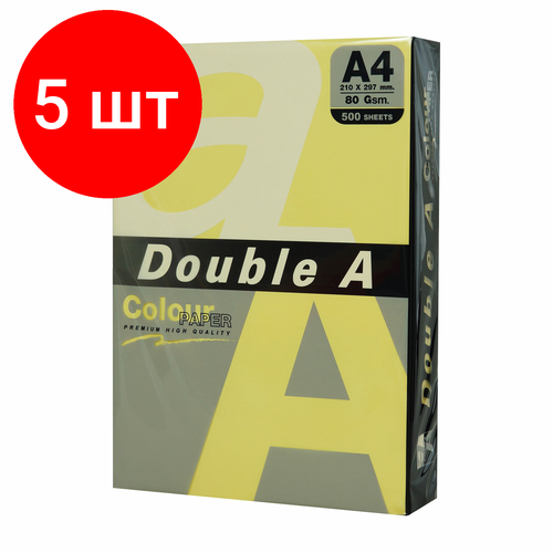 Комплект 5 шт, Бумага цветная DOUBLE A, А4, 80 г/м2, 500 л, пастель, желтая бумага цветная double a а4 80 г м2 500 л интенсив желтая арт 115127