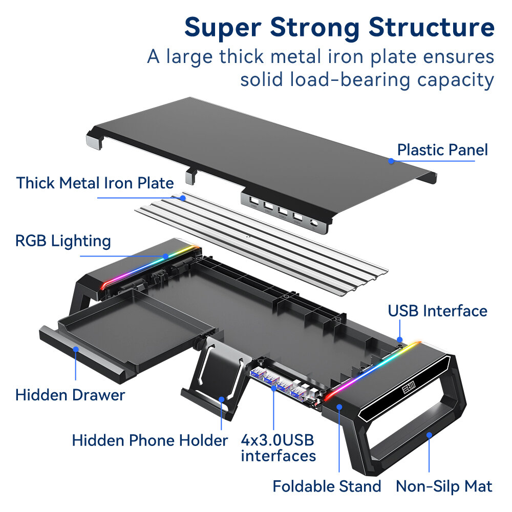 Подставка столик STM MS1RGB для монитора моноблока ноутбука принтера подсветка RGB 4 порта USB 30