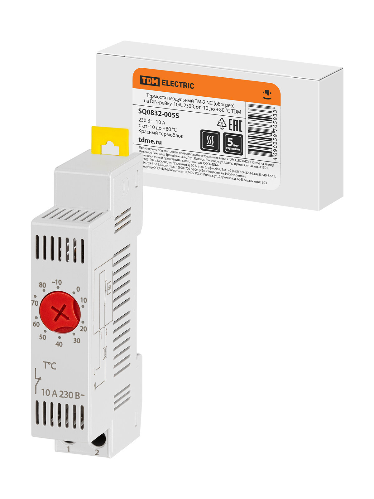 Термостат модульный ТМ-2 NC (обогрев) на DIN-рейку, 10 А, 230 В, от -10 до +80 °C TDM SQ0832-0055
