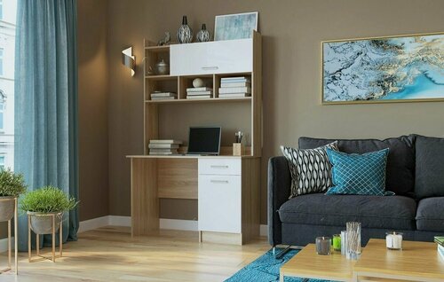 Изображение товара Компьютерный стол ПКС-2 Сонома/Белый глянец, ЛДСП, с открытыми и закрытыми полками, ящиком, для гостиной, спальни, 1118х1882х570, Памир