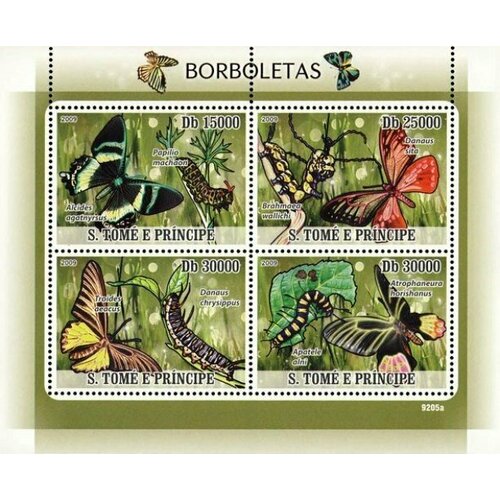 Почтовые марки Сан-Томе и Принсипи 2009г. Фауна - бабочки и личинки Бабочки, Фауна MNH соломоновы острова 2012г фауна бабочки малый лист