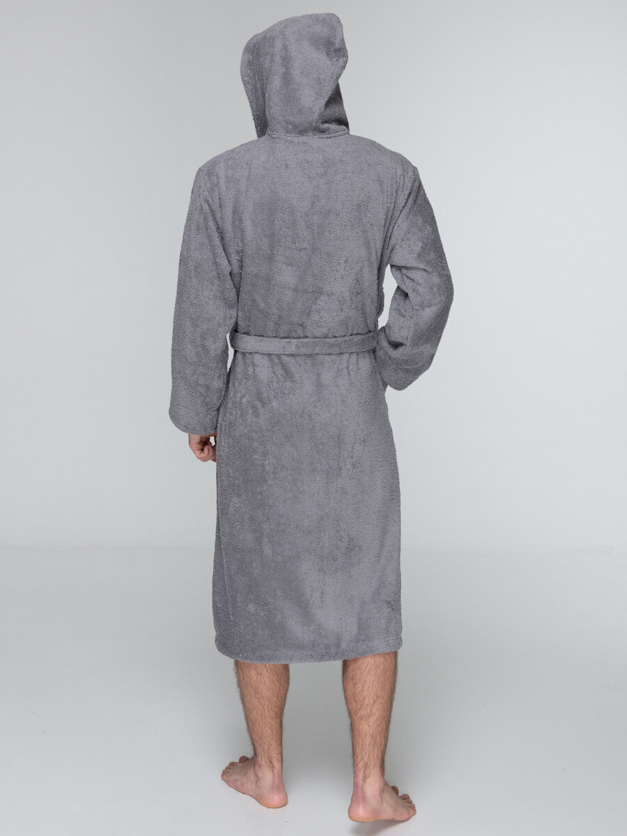 Мужской серый махровый халат с капюшоном 52 - фотография № 5