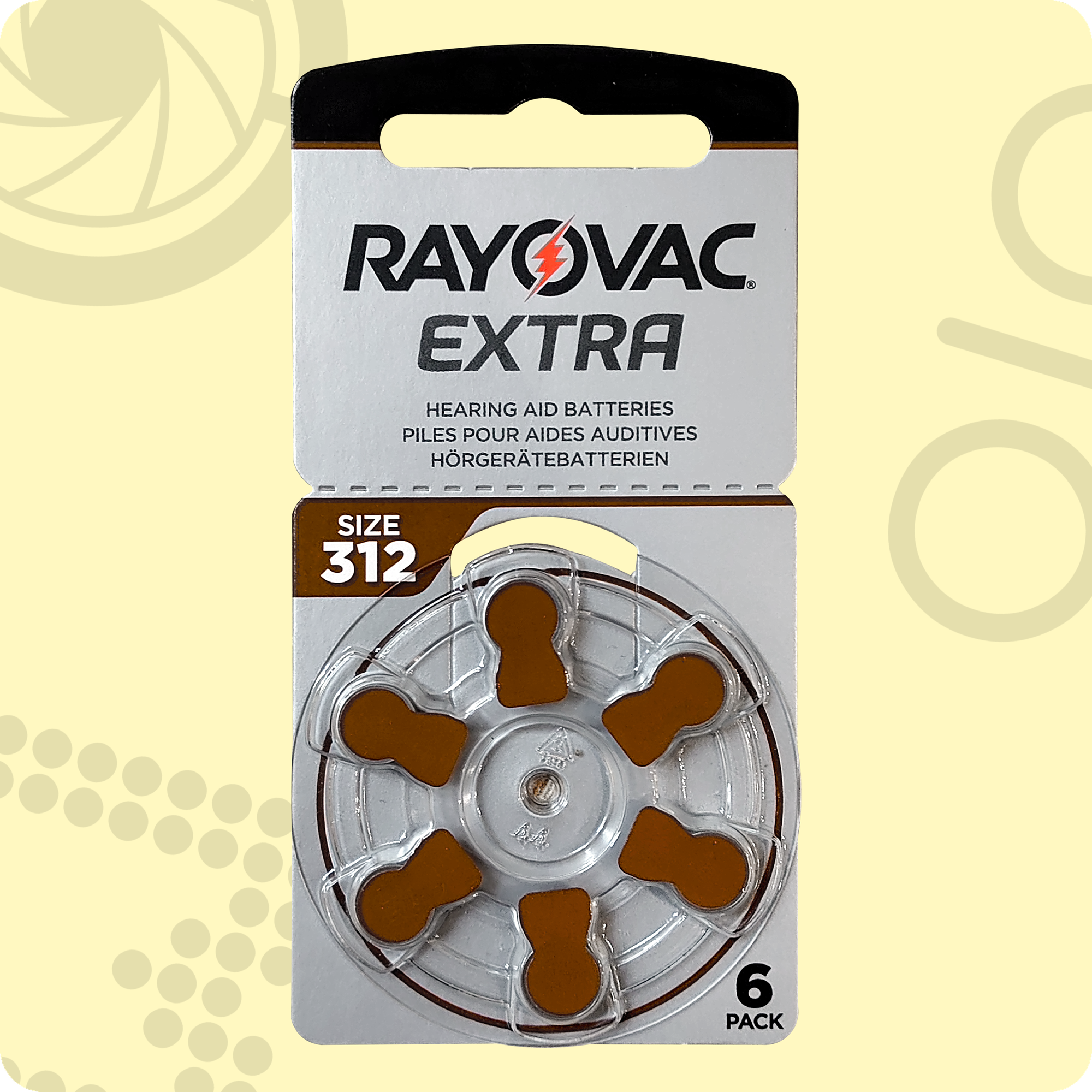 Rayovac 312 Коричневый (ZA312) Extra | 1,45 вольт Воздушно-цинковые Батарейки для слуховых аппаратов - 6шт.