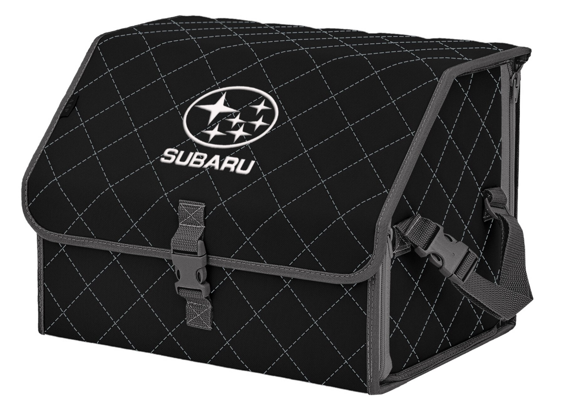 Органайзер-саквояж в багажник "Союз" (размер M). Цвет: черный с серой прострочкой Ромб и вышивкой Subaru (Субару).